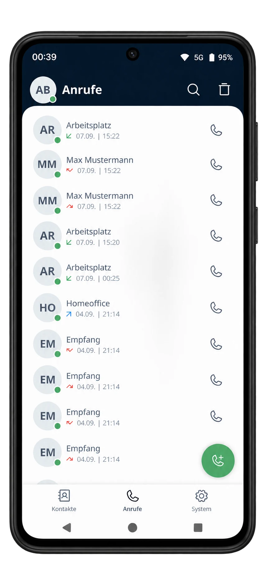 LEONPBX call history on a current Android smartphone