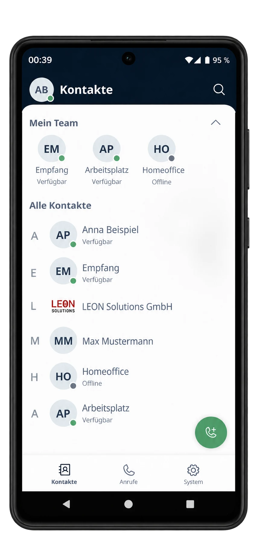 LEONPBX contacts and team status on a current Android smartphone
