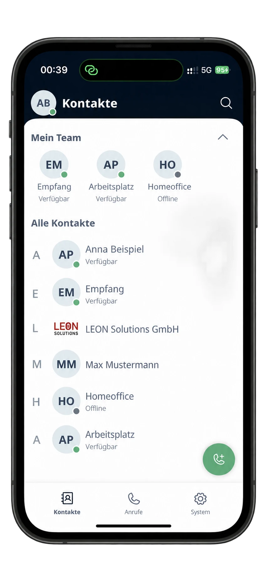 LEONPBX contacts and team status on a current iPhone