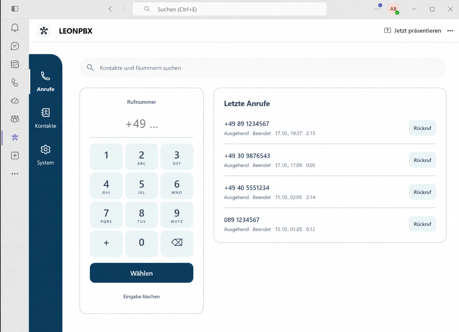 LEONPBX app in Microsoft Teams Desktop on Windows with dial pad and call history